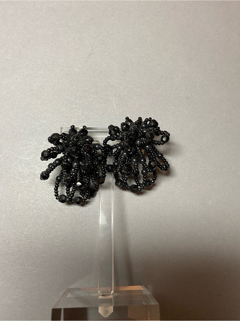 Vintage black bead cluster clip earrings
